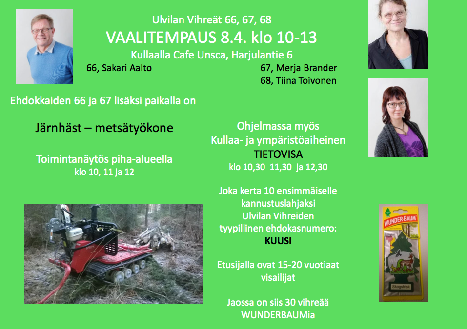 Ulvilan Vihreät tavattavissa Kullaalla Café Unscalla la 8.4. klo 10-13